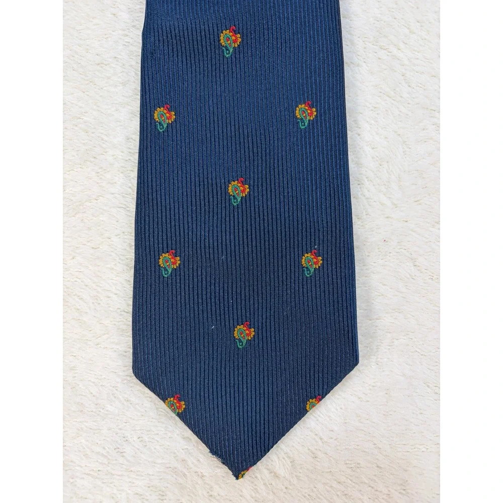 Triminghams Navy Silk Embroidered‎ Paisley Necktie Mens 3.25