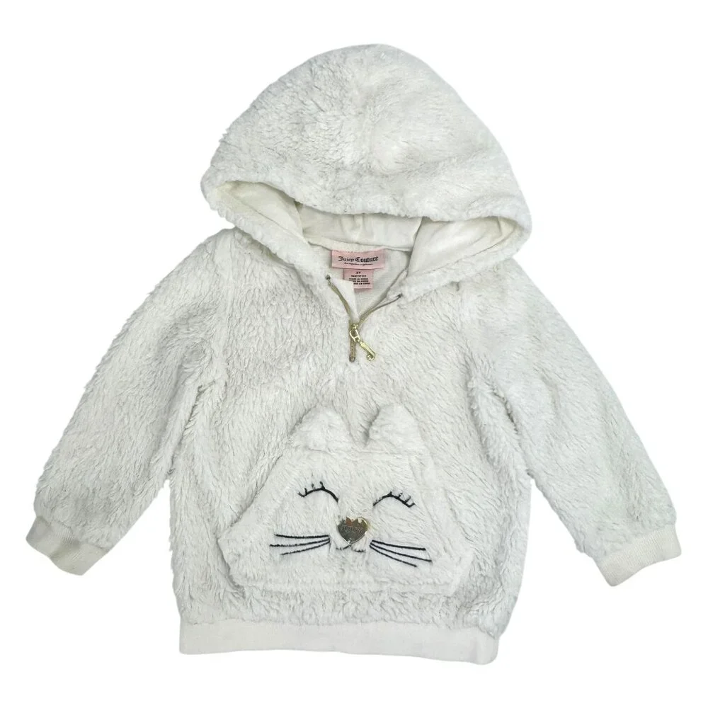 Juicy Couture White Faux Fur Hoodie Toddler Girl 2T Cat Face Kangaroo Pocket‎