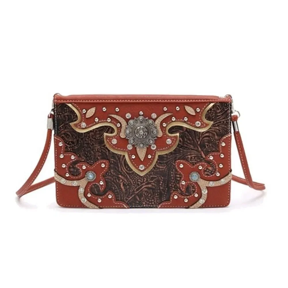 Women's Rhinestone Studded Medium Copper Cowgirl Trendy Crossbody Purse