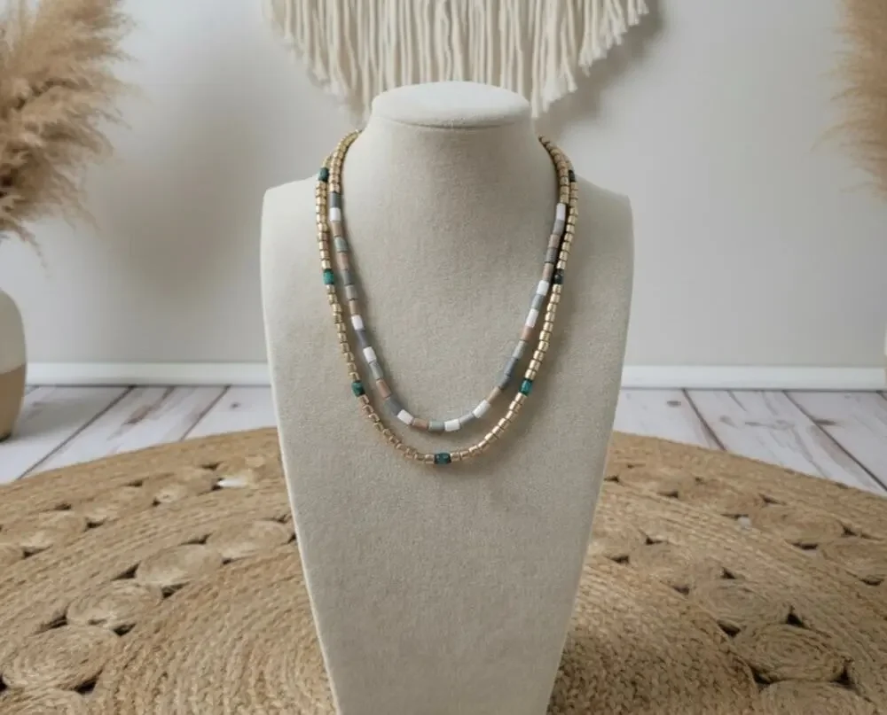 Pomina Gold Natural Tone Beaded Layer Necklace  New