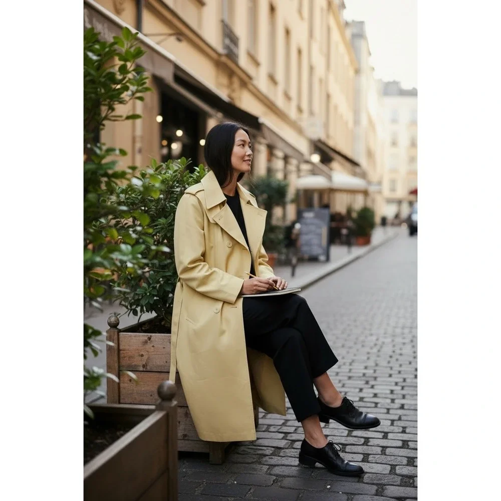 Vintage Yellow Double Breasted Trench Coat Belted Mod Oversized Collar‎ Size 10