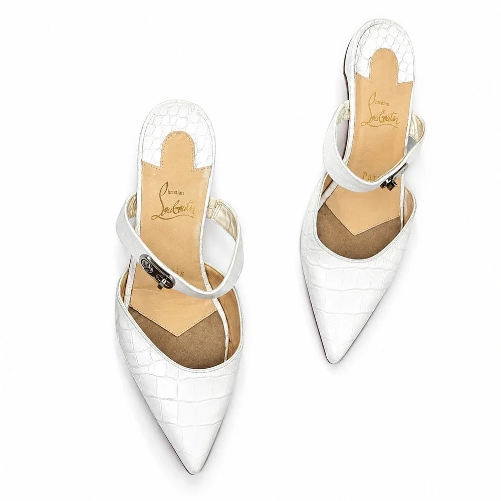 Christian Louboutin CHOC LOCK Croc Embossed Leather Flat Mules White‎ Sz 36