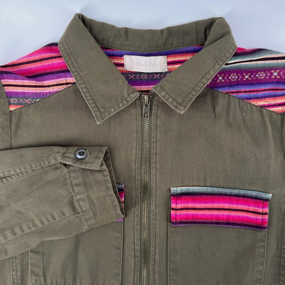Altar'd State Utility Jacket Small Olive Military Green Serape Striped Trim Zip