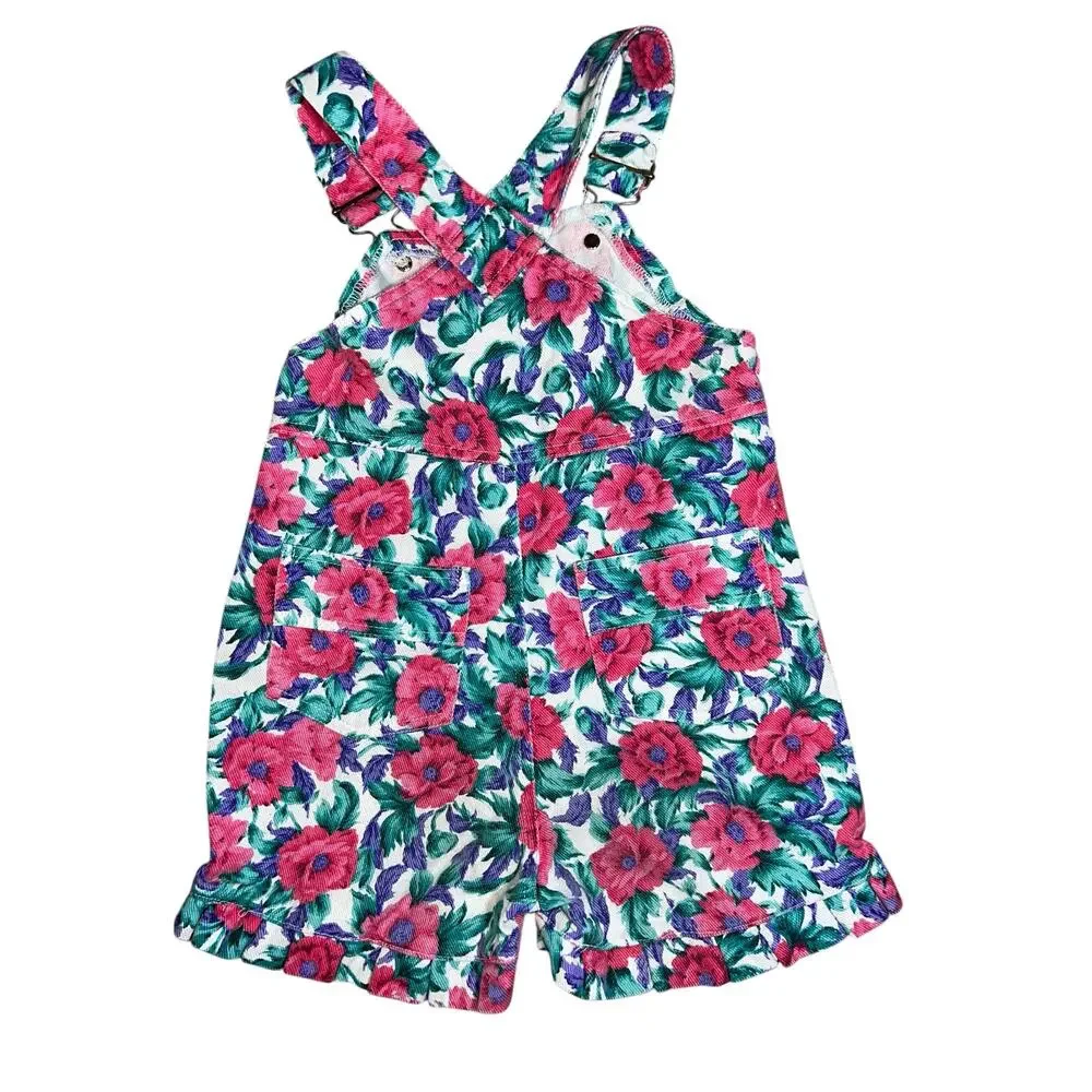 Vintage 80/90s Floral pink purple green denim ruffled shortalls girls size 4T