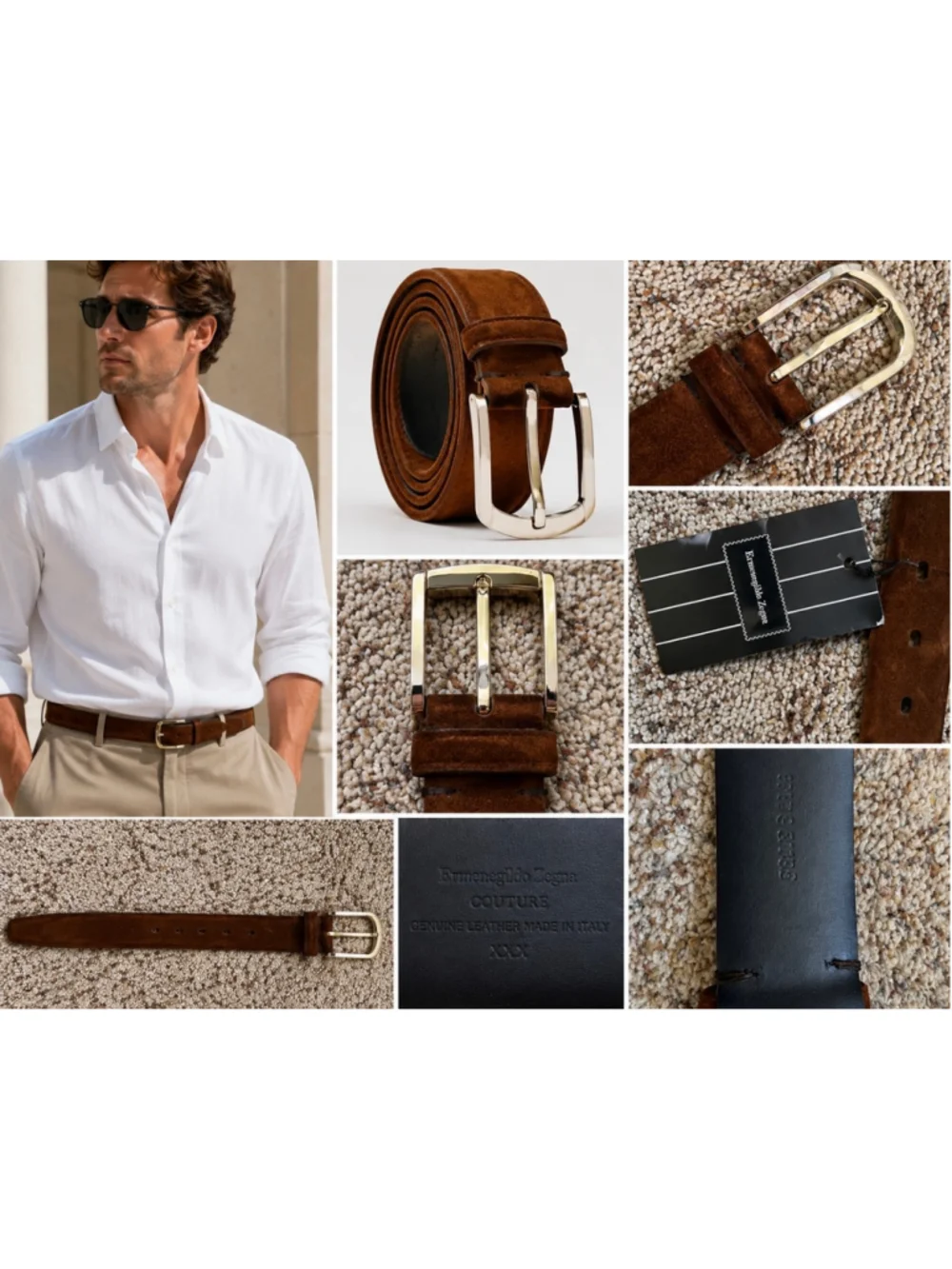 Men's Ermenegildo Zegna Couture Suede Belt, Brown and Silver New 95cm/36in