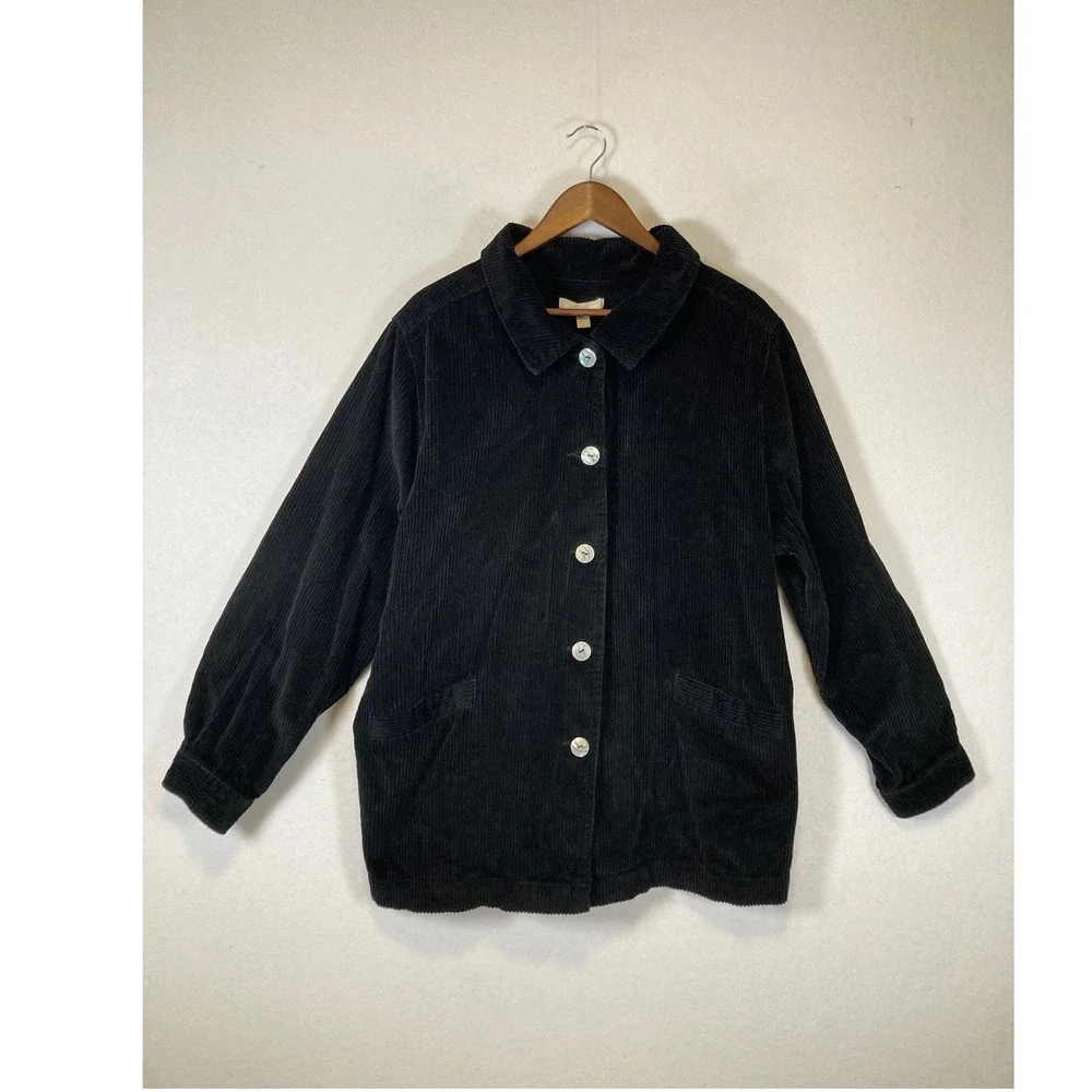 Dark‎ Academia Woman Within Womens 1X Black Corduroy Button Front Shacket Jacket