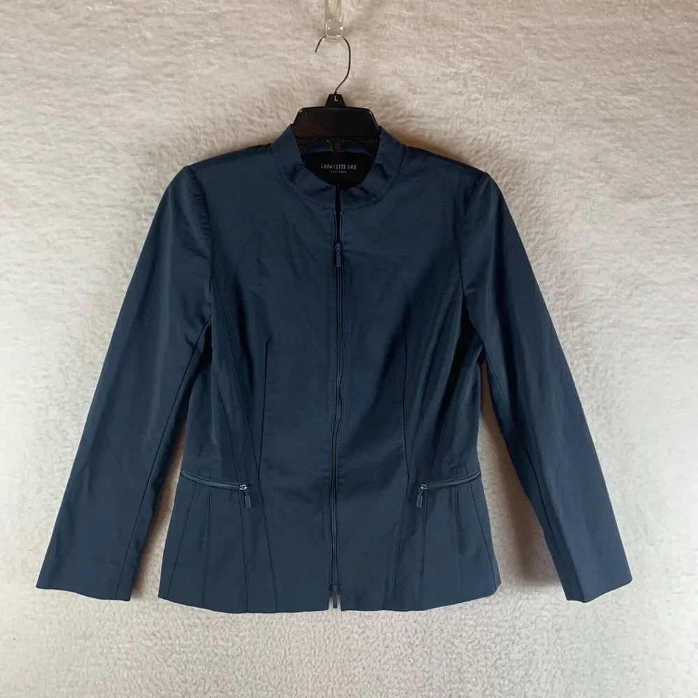 Lafayette‎ 148 New York Women's Zip Up Mandarin Collar Blue Blazer Jacket Size 6