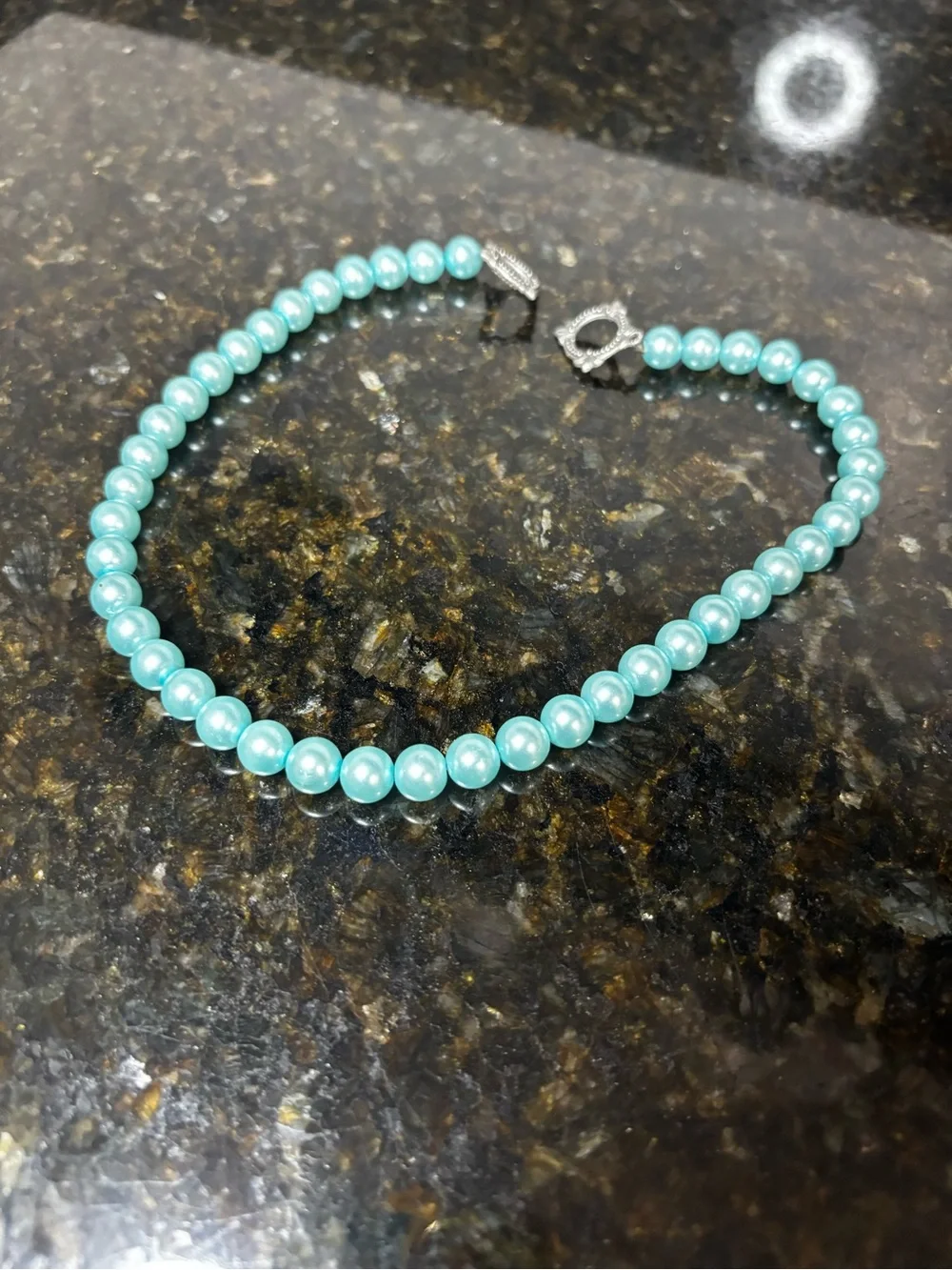 Vintage Blue Faux Pearl Choker Necklace with Silver Toggle/Ribbon Clasp-15.5”