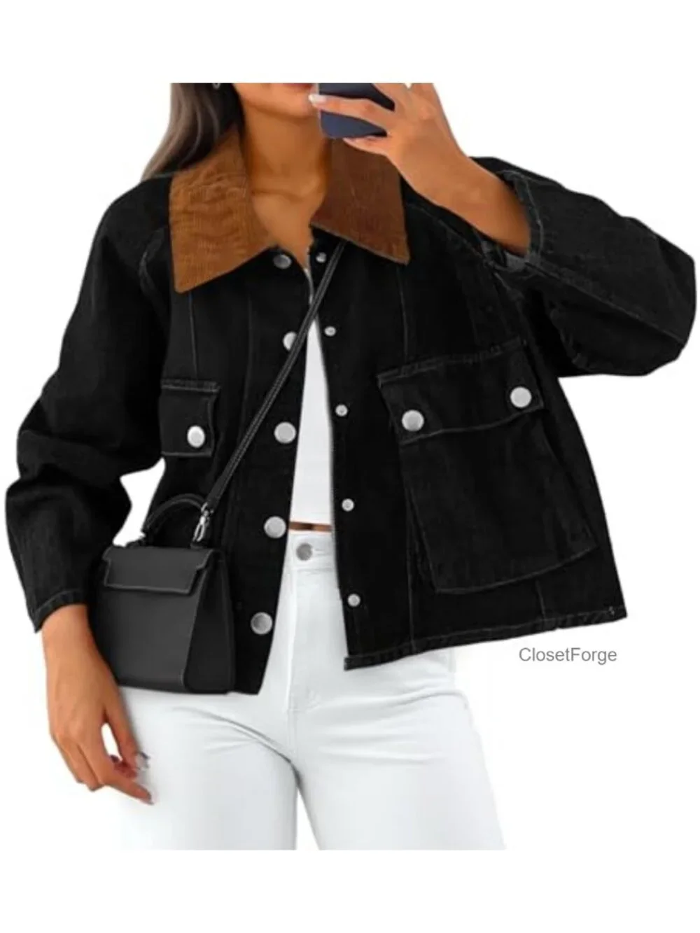 Cropped Denim Jacket Button Down Loose Fit Boyfriend Style Corduroy Collar