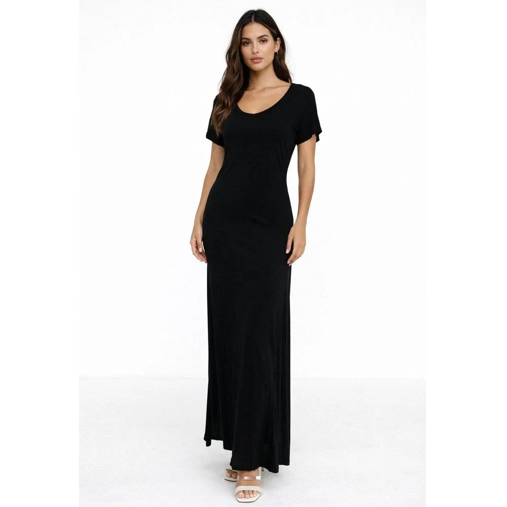Reformation Black t-shirt Sheath Maxi Long Minimalist Casual basic Dress XS S