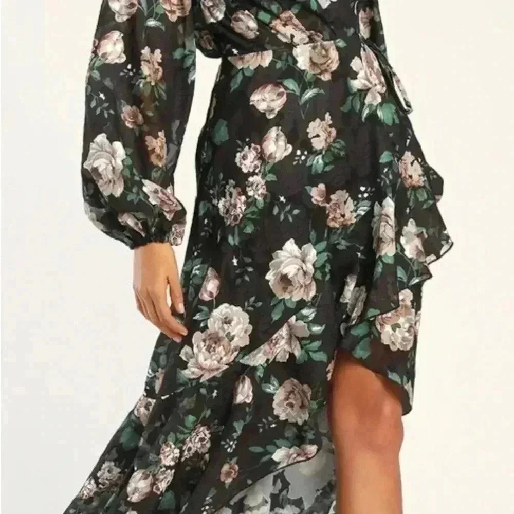 Lulus Feeling Cherished black Floral Ruffled Wrap Tiered Maxi Dress