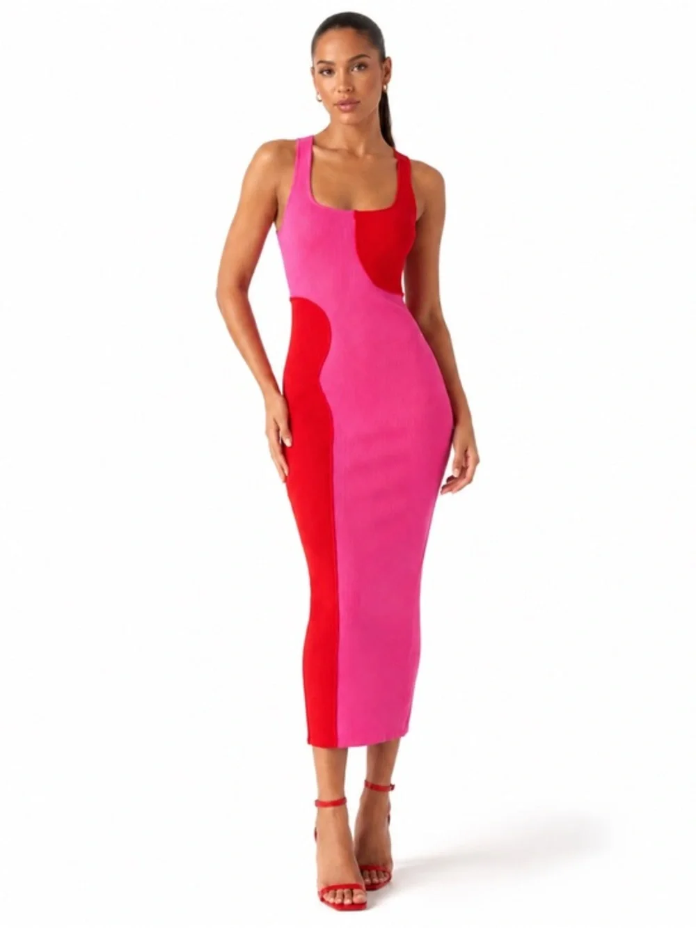 NWOT Sexy Naked Wardrobe Pink Red Colorblock Ribbed Bodycon Midi Dress M