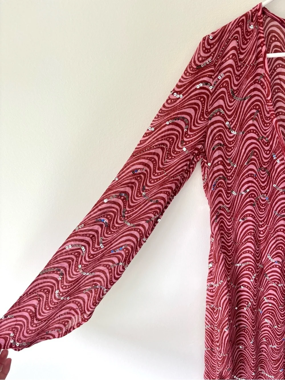Zara Pink Sequins Beaded Swirl Printed Midi Dress Sheer Deep V Neck Tie Front