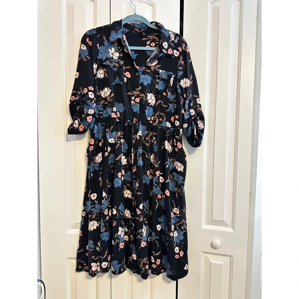 Torrid‎ Floral Button-Down Midi Dress With Rolled Sleeves & Pockets 1X