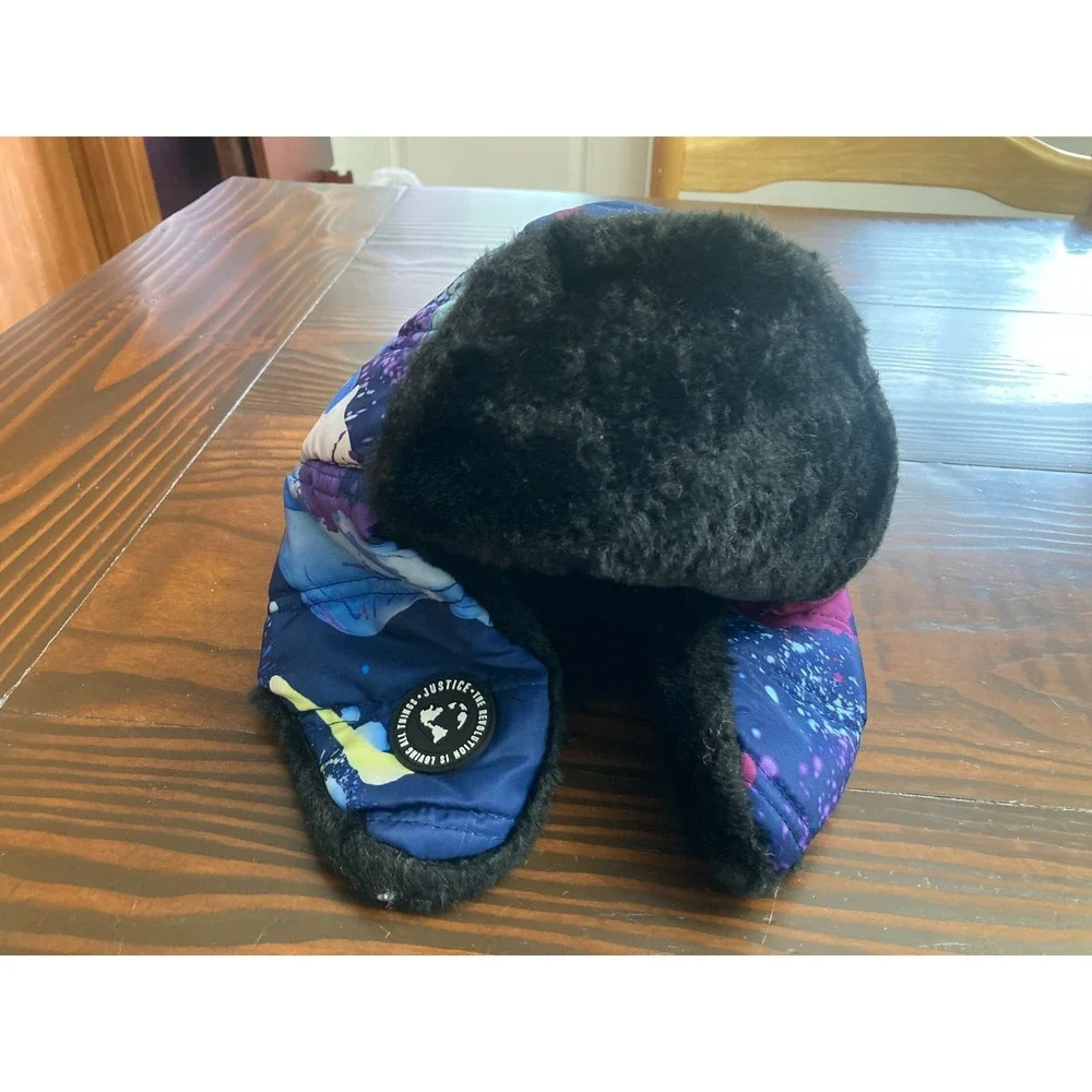 Justice Splatter Hat‎ with Ear Flaps Winter One Size Kids Colorful Black Trapper