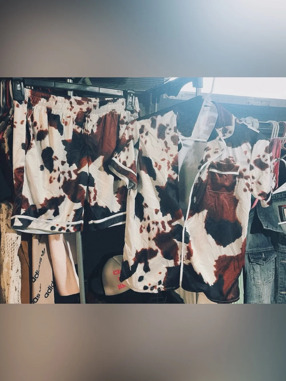 Cow Print Satin Short Pajama Set - Brown & White