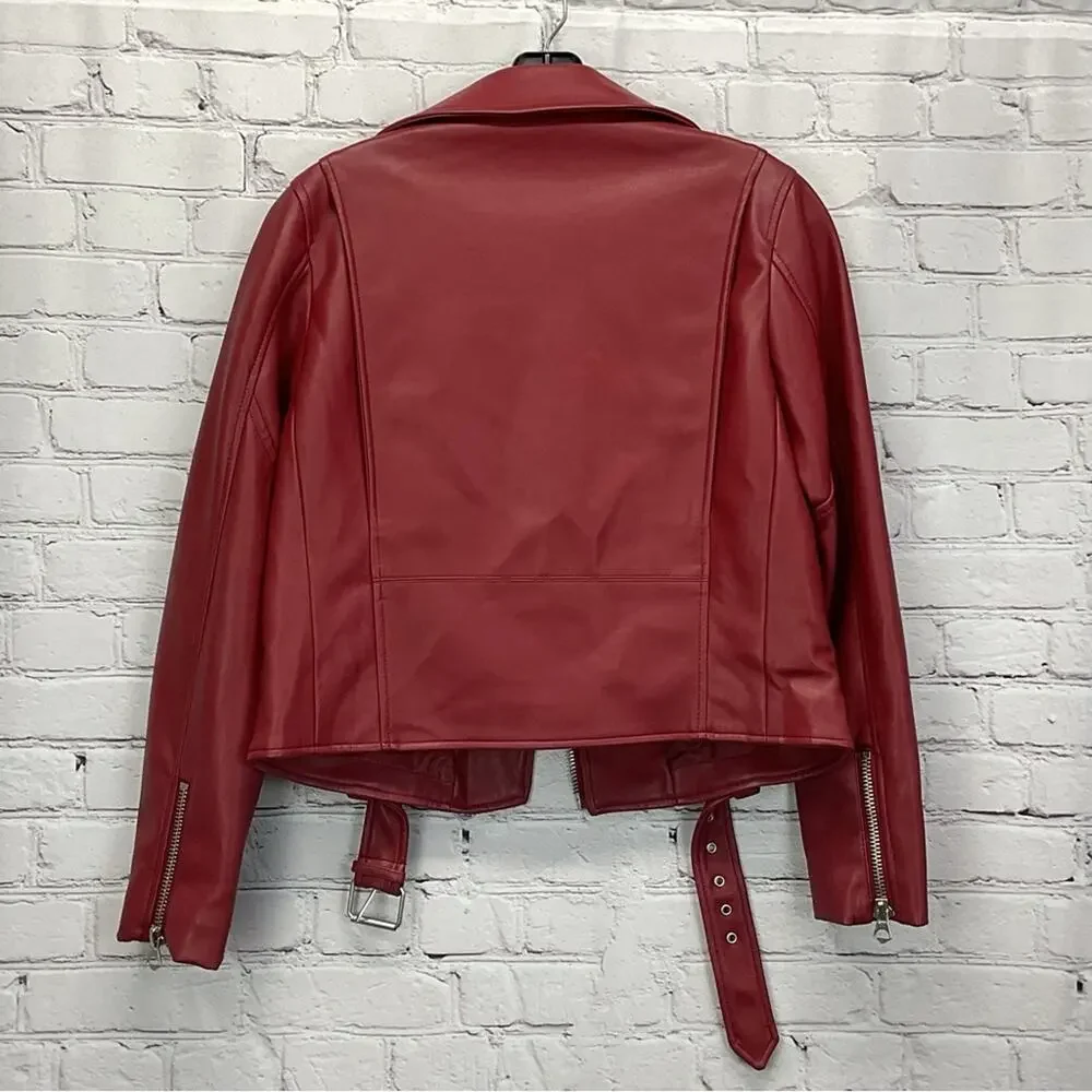 Zara Faux Leather Zip Moto Jacket Women's M Burgandy Belted Bikercore Pockets