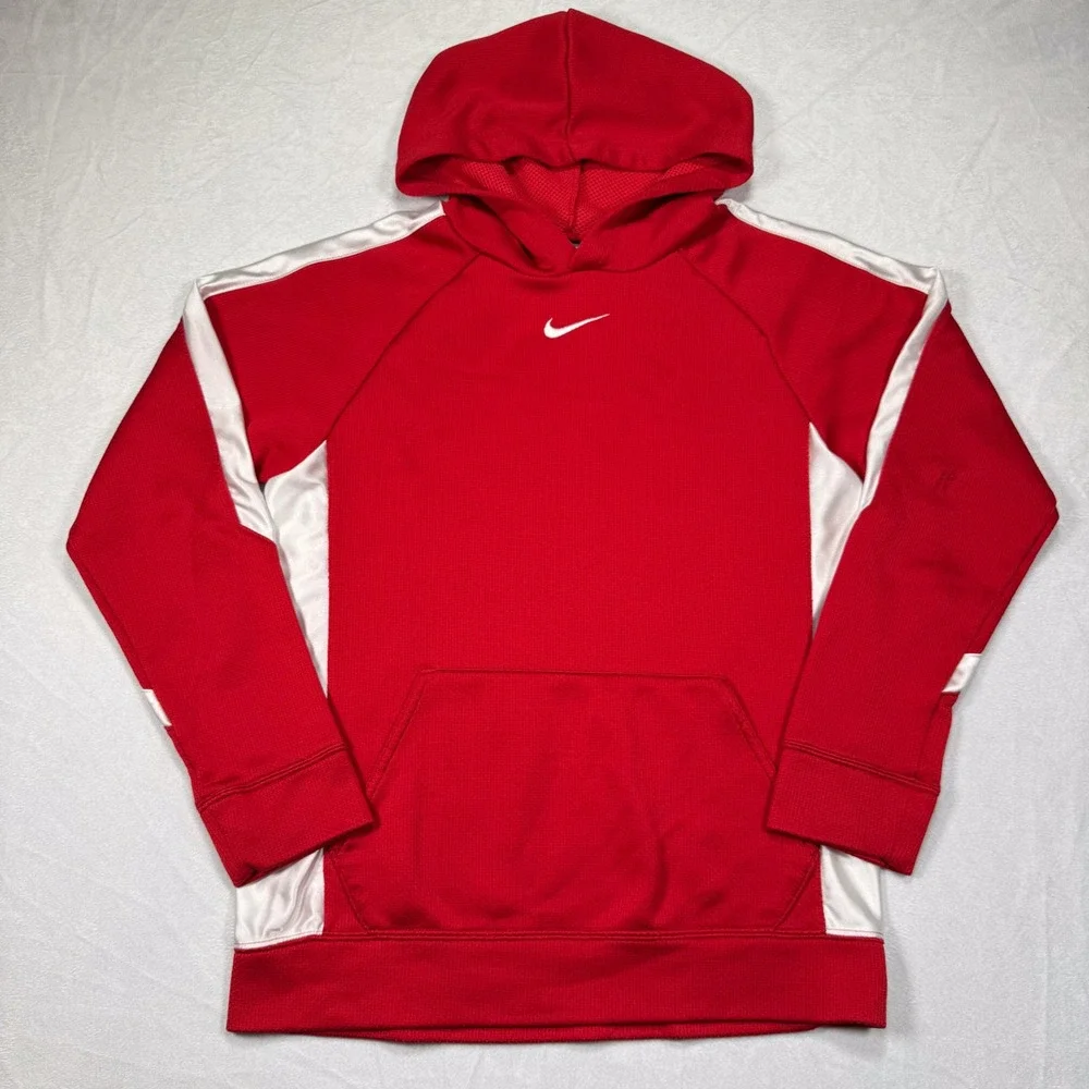 NIKE Kid's L (14/16) Red White Athletic‎ Activewear Pullover Performance Hoodie