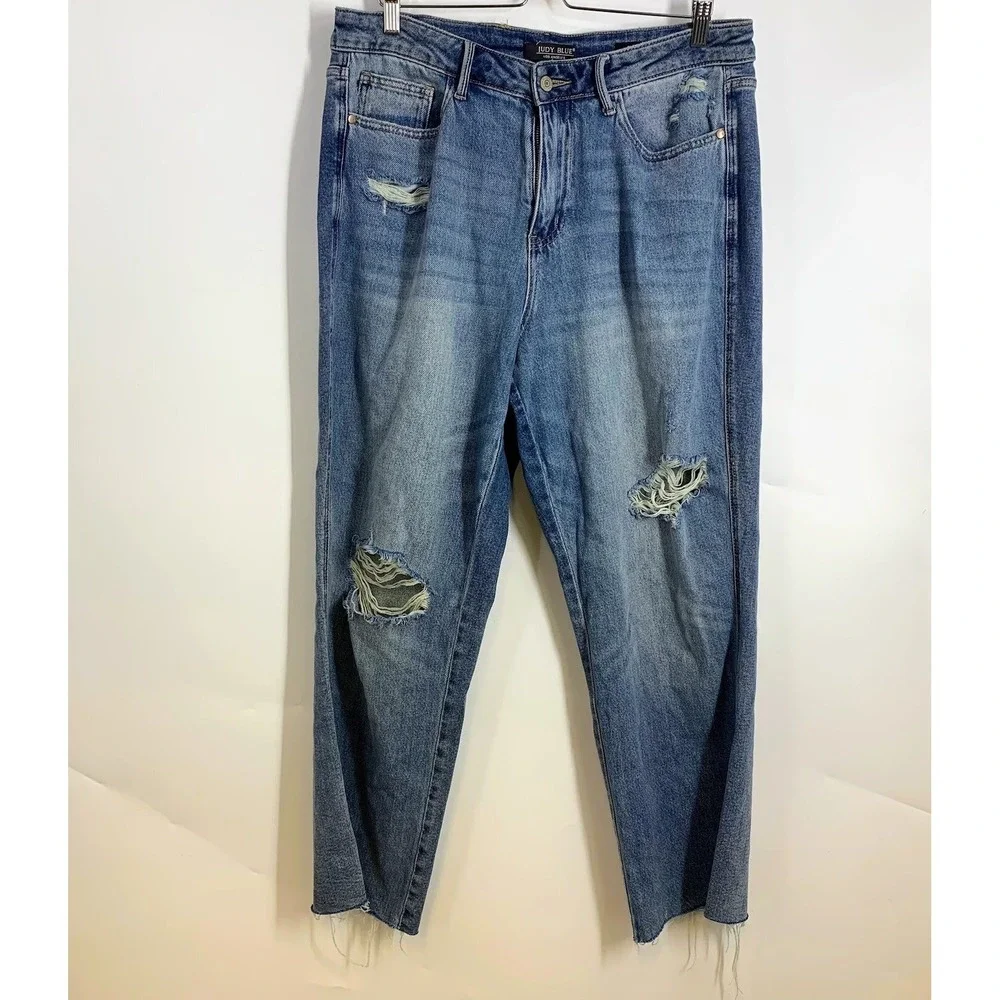 Judy Blue Womens Straight Distressed Jeans High Rise Straight Leg Raw Hem SZ 14W