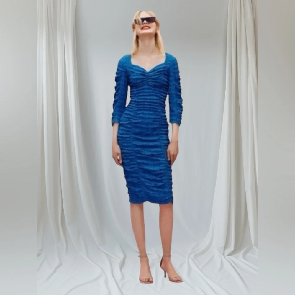 Zara Stylish Blue Ruched Midi Dress