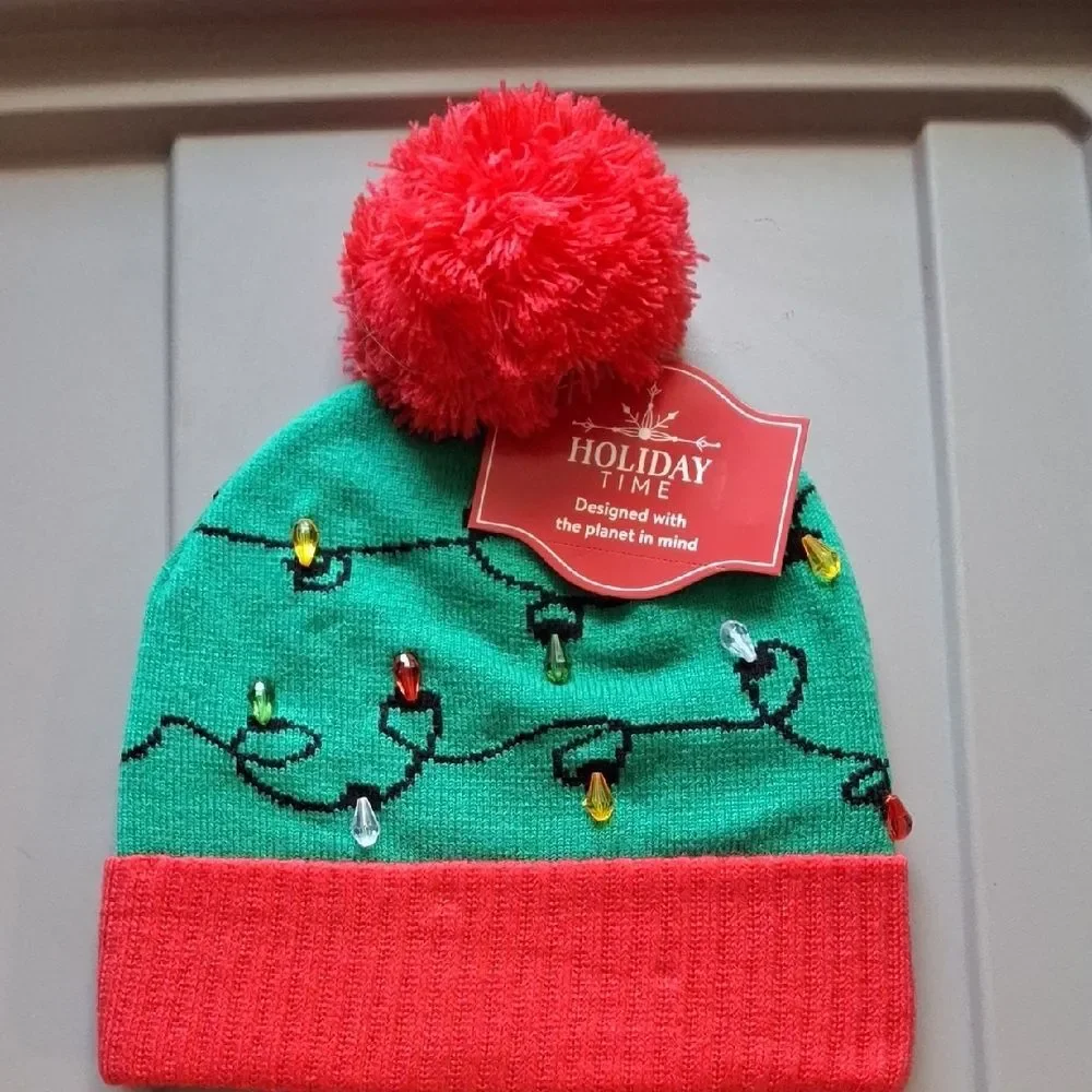 Holiday Time Festive Green Beanie with Red Pom Pom & Lights (Hat007,008)