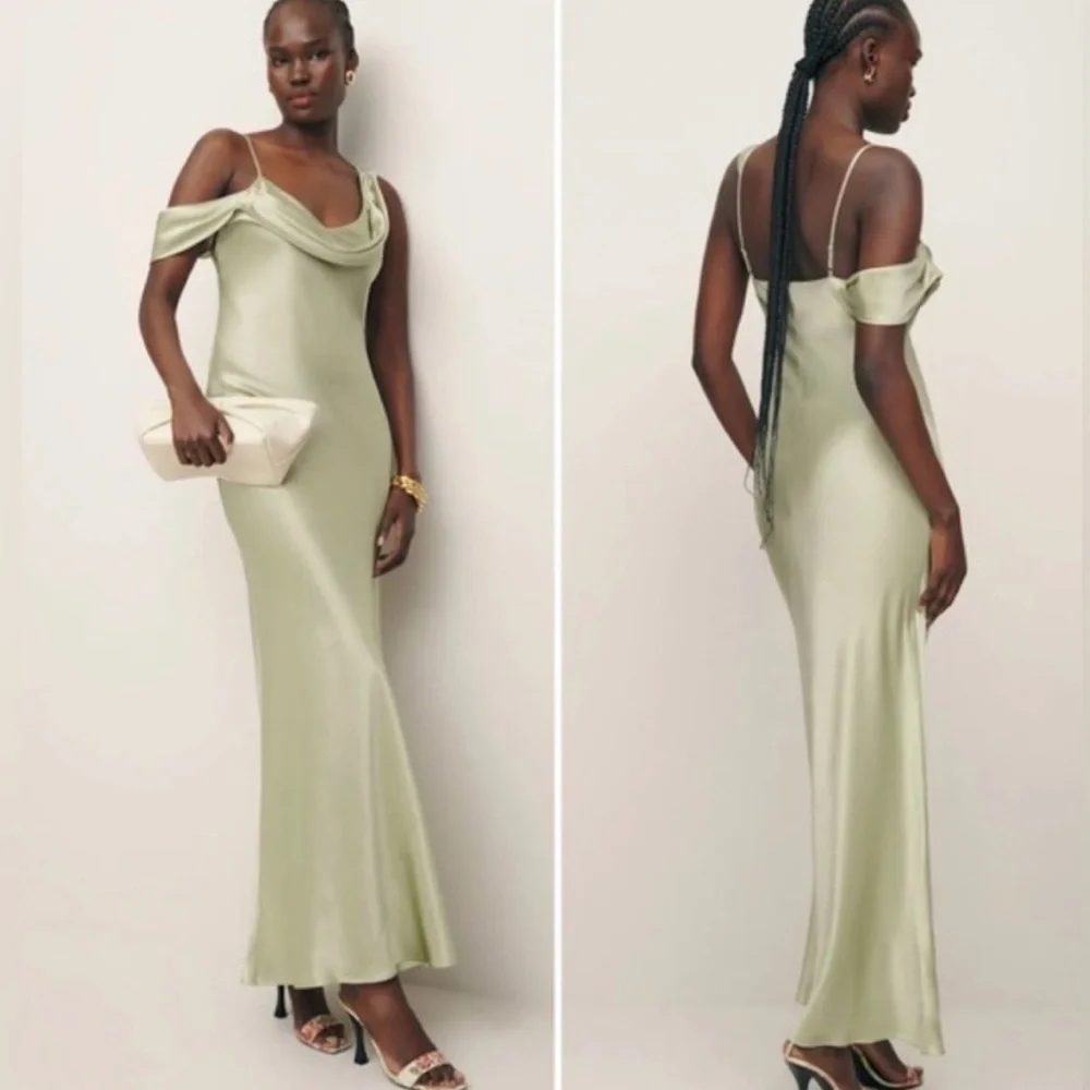 Reformation Sage Green Off-Shoulder Satin Maxi Dress