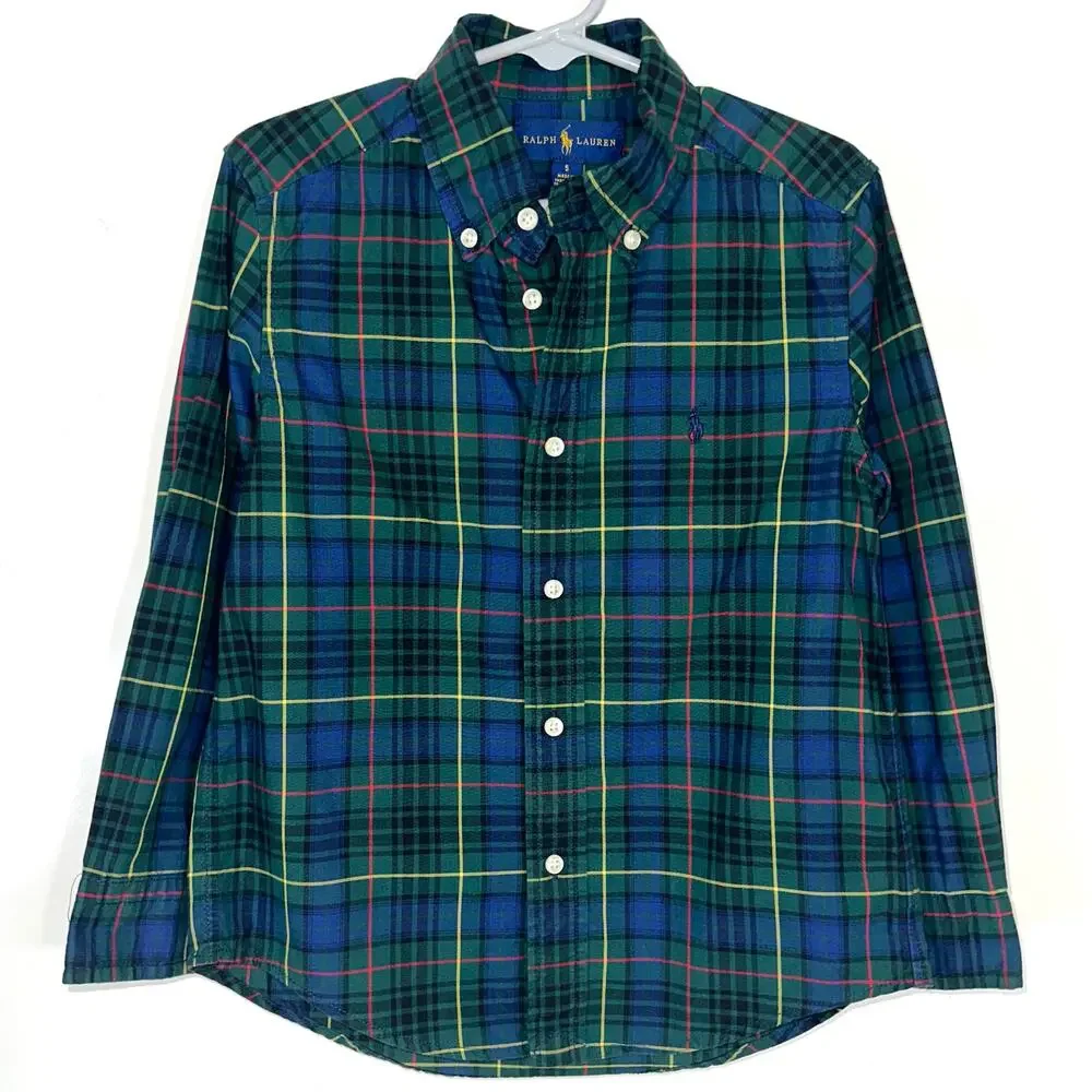Ralph Lauren Boys Green Blue Check Button Down Long Sleeve Cotton Shirt Size 5