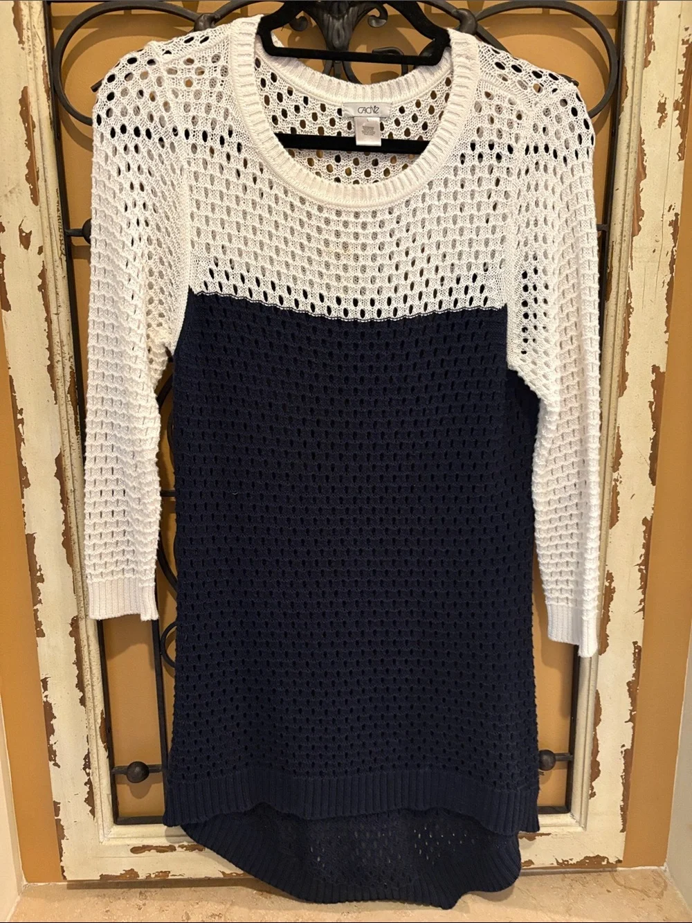 Cache Navy and White Open-Knit Crewneck Sweater