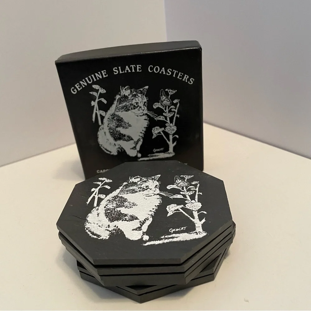 Set of 6 Slate Coasters‎ Cat Butterfly Quarried by Capozzolo Brothers Bangor PA
