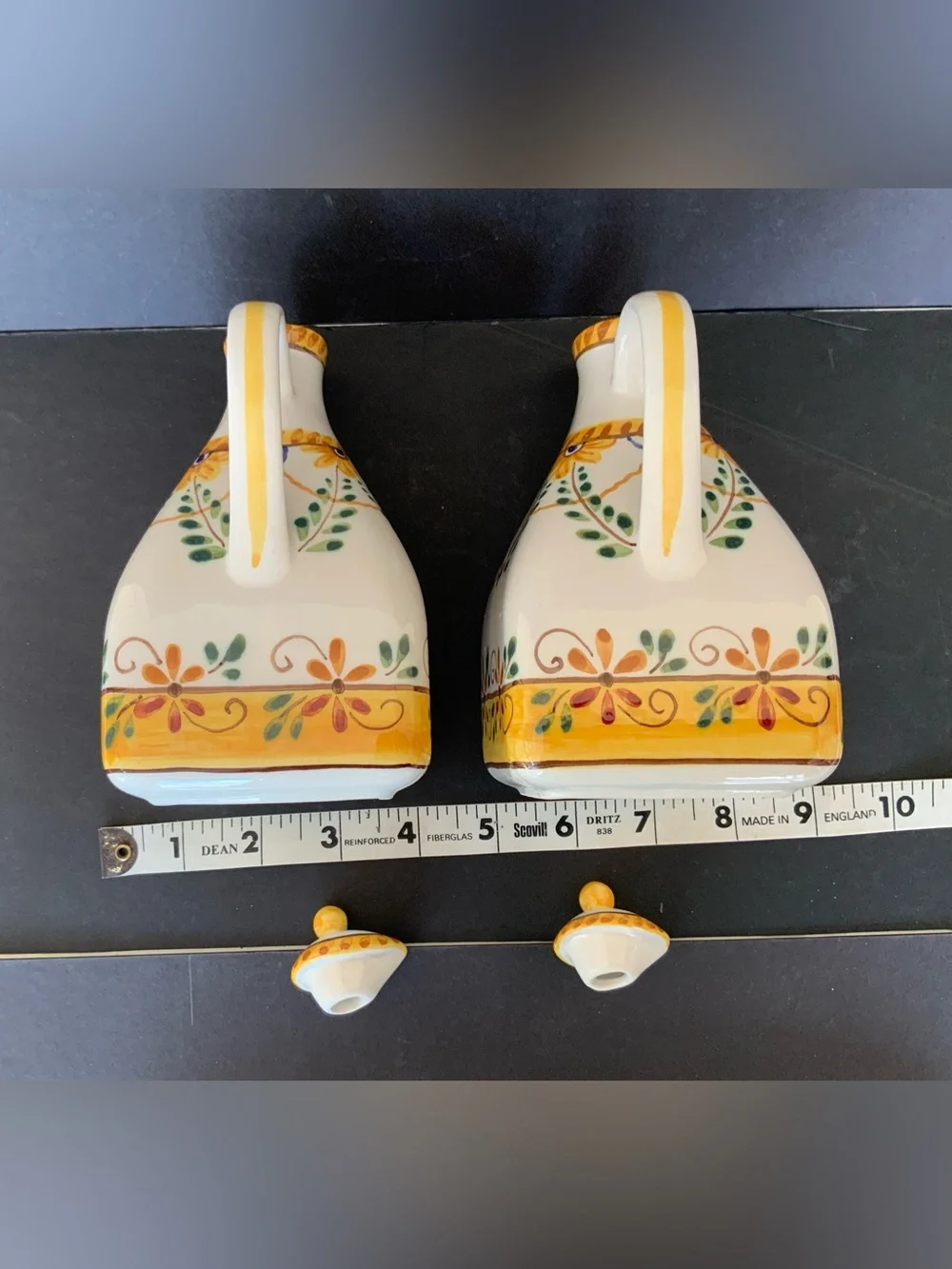 Handpainted Ceramic Oil & Vinegar Cruets Set with base tray, Portugal
