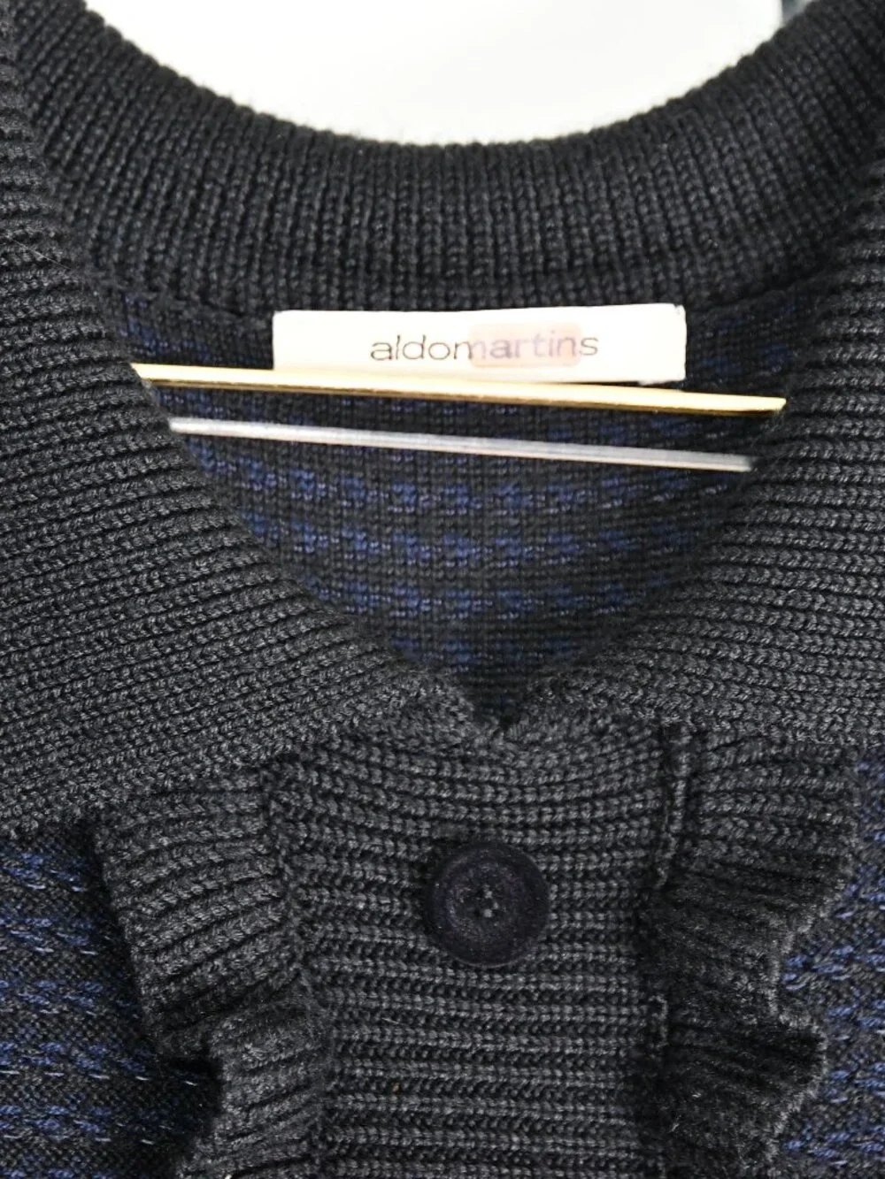 Aldo Martins Blue/Black Ruffle Bib Short Sleeves Sweater Dress