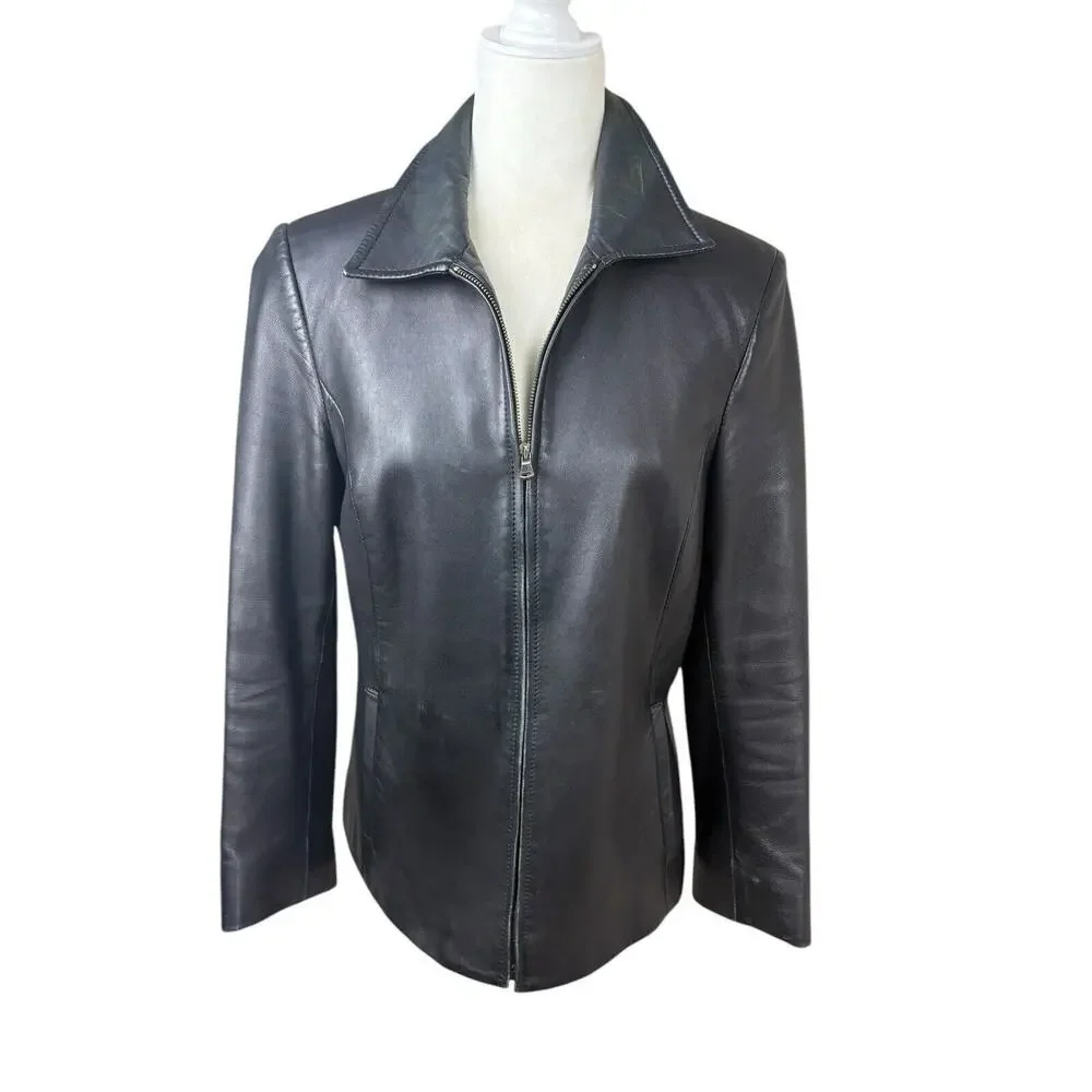 Vera Pelle Italian Leather Coat Womens Size M Black Smooth 70's Retro Matrix‎