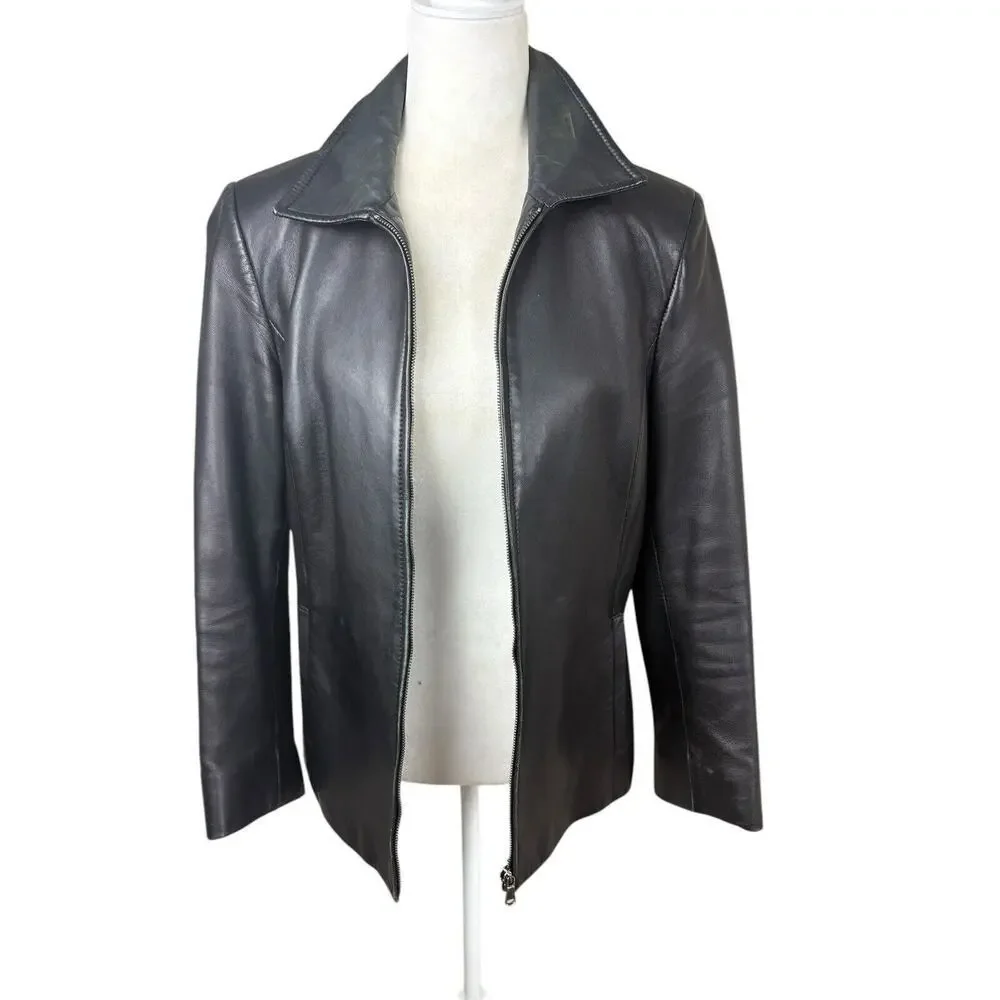 Vera Pelle Italian Leather Coat Womens Size M Black Smooth 70's Retro Matrix‎