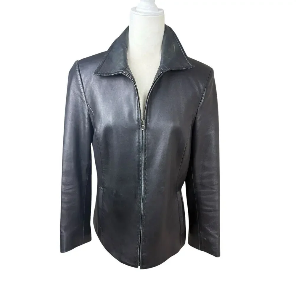 Vera Pelle Italian Leather Coat Womens Size M Black Smooth 70's Retro Matrix‎