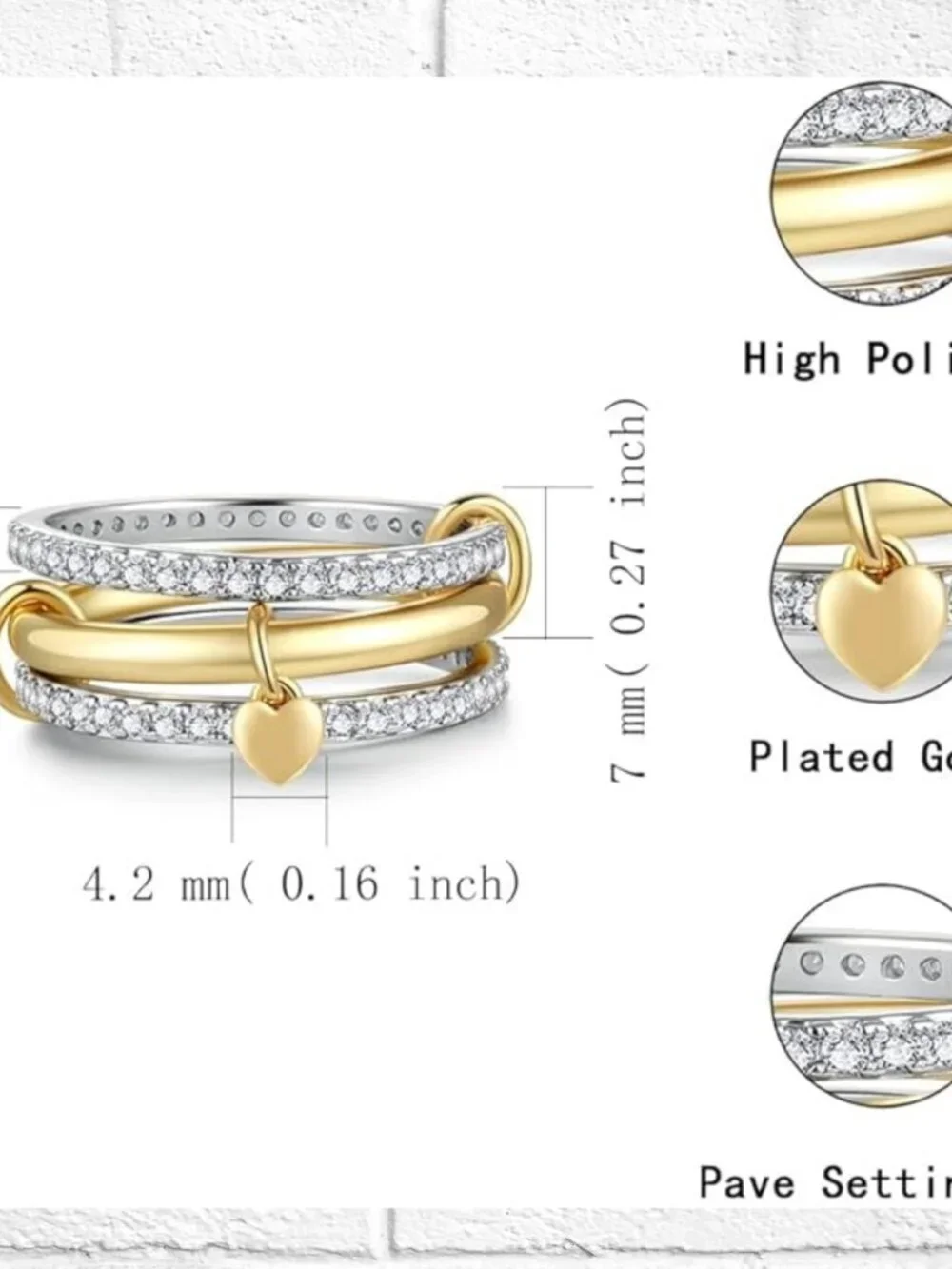 NWT! Sterling Silver Womens Stackable Rings with CZ's - 14K Gold-Plated - Size 7