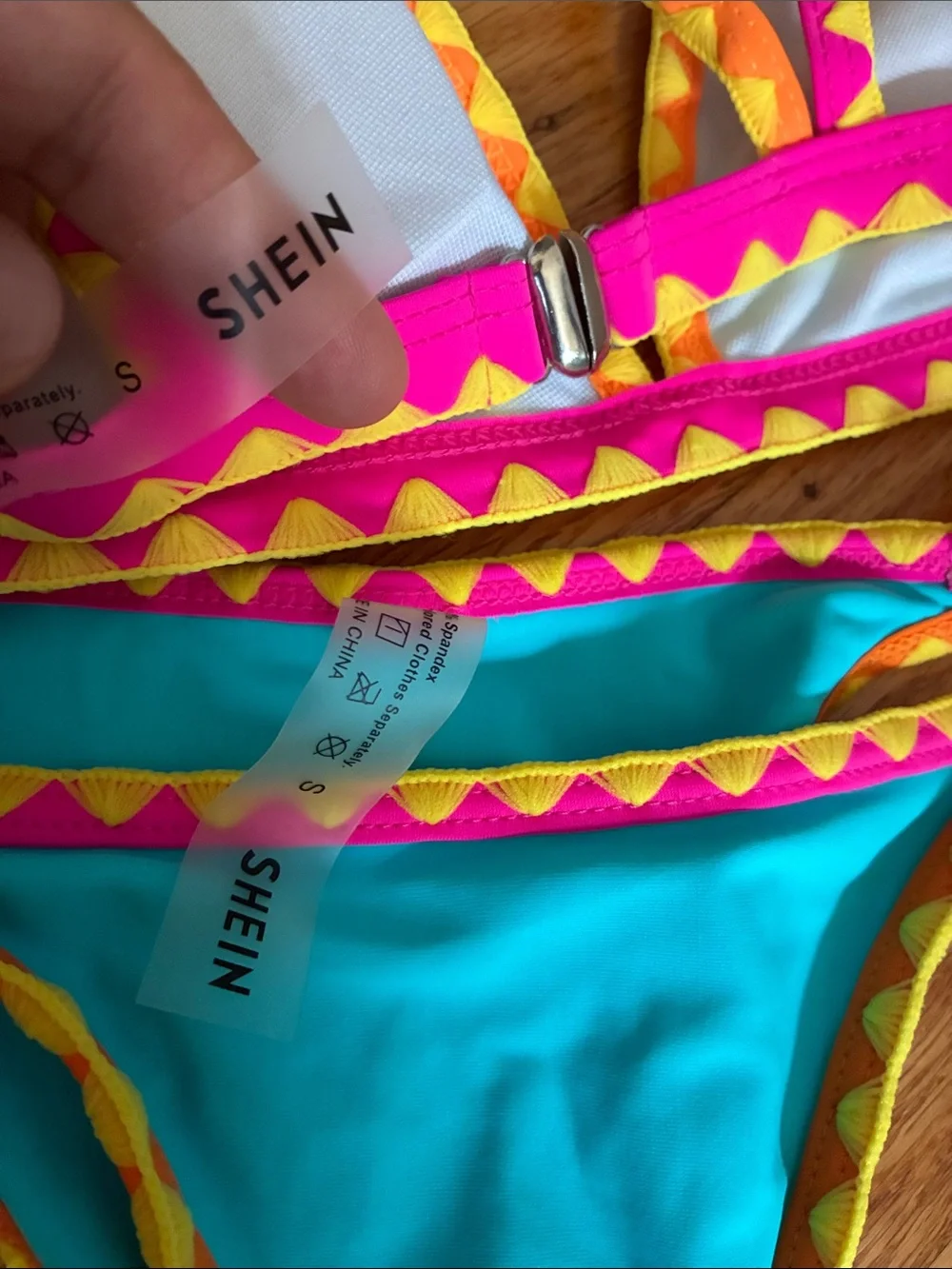 SHEIN Turquoise Bikini with Pink & Yellow Trim