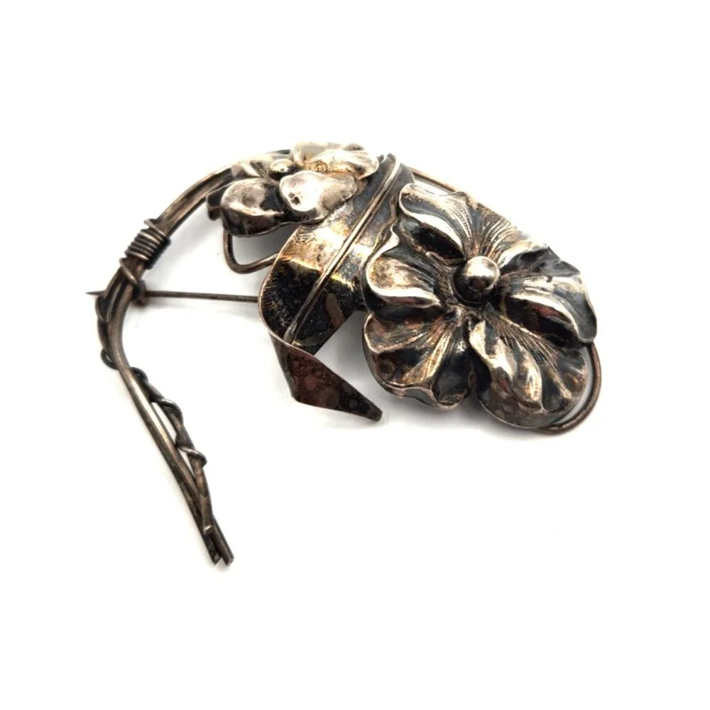 Art Nouveau Style Marked Sterling Silver Large Floral Vintage Brooch Pin