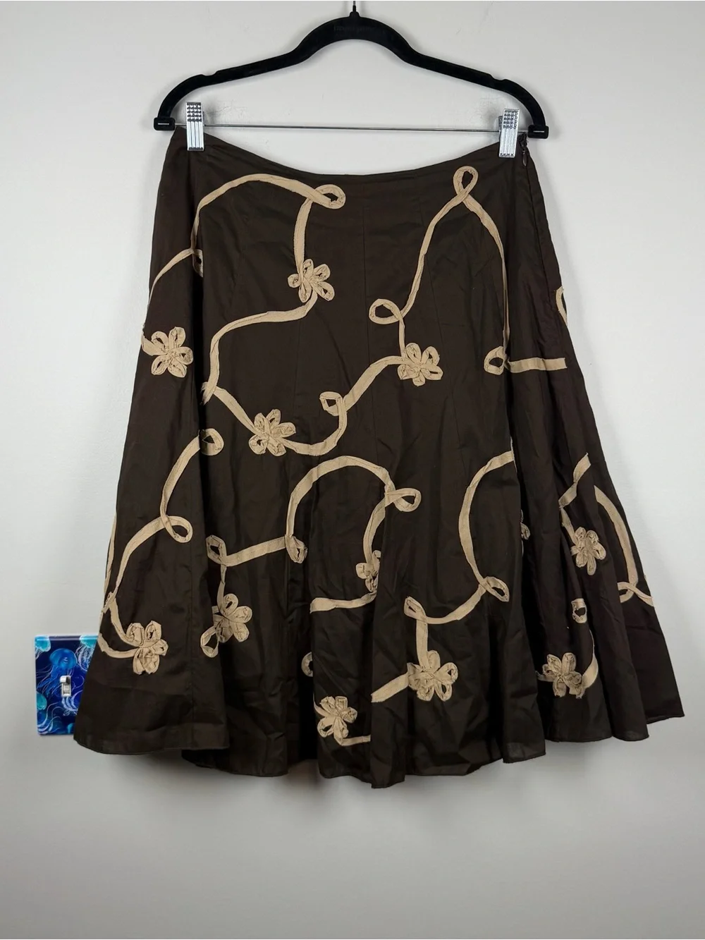 Sunny Leigh Y2K Brown Tan Floral Ribbon Appliqué Midi Skirt Fairy 100% Cotton 8