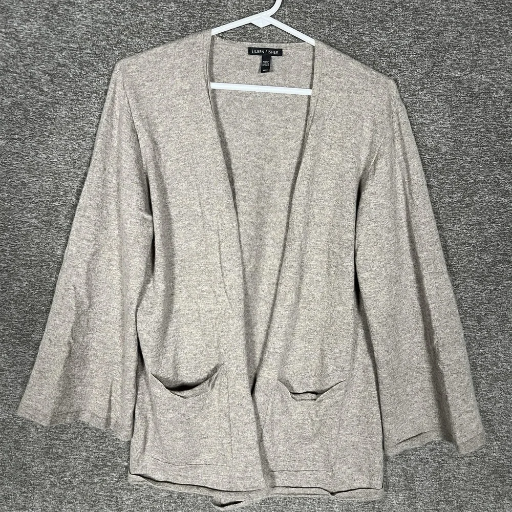 Eileen Fisher Cardigan Sweater Womens Medium Gray 100% Cashmere Open Front Italy