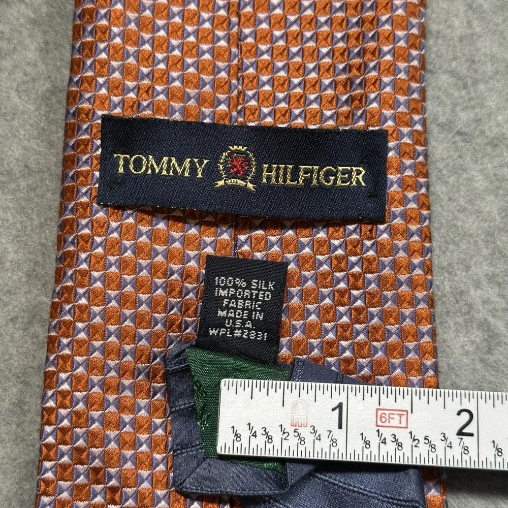 Vintage Tommy Hilfiger Silk Tie Orange Blue Geometric USA‎ Made 60x3.6in