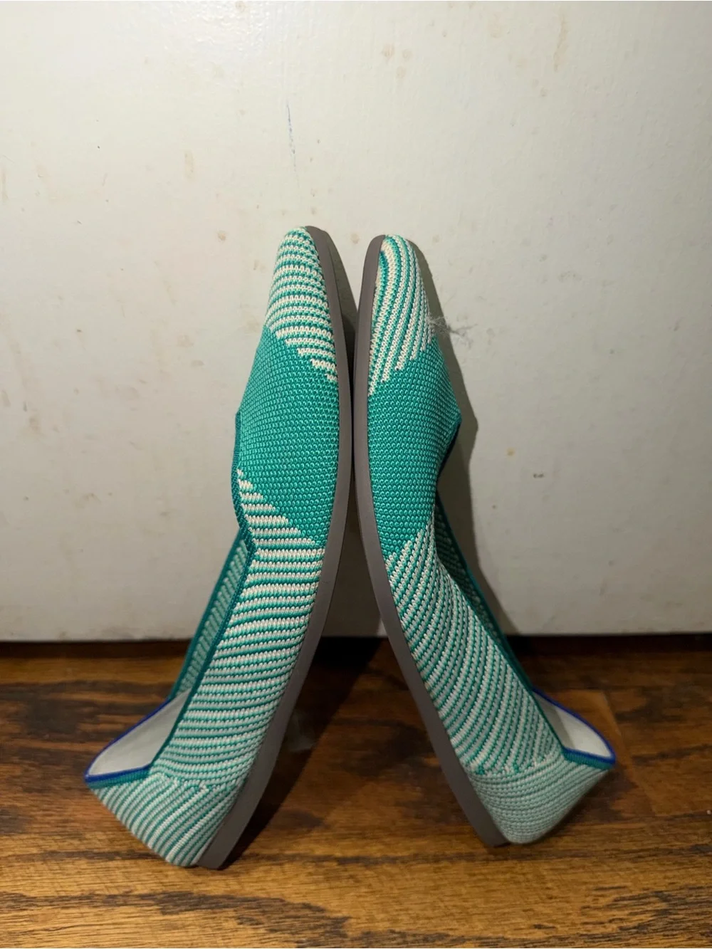 Rothy's Teal and Cream Pointed Knit Flats
