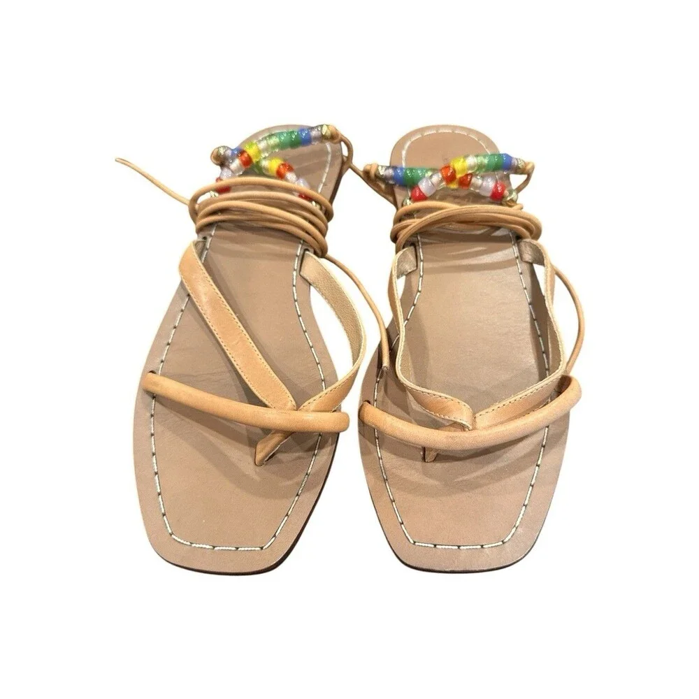 Loeffler Randall Lilla Wrap Sandals Beaded Leather Square Toe Women’s Size 8