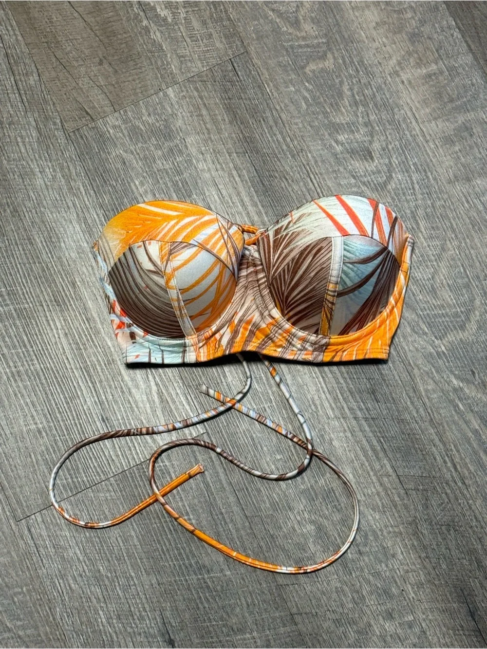 Victoria's Secret Strapless Palm-Print Bikini Top in Orange, Brown and Cream B10