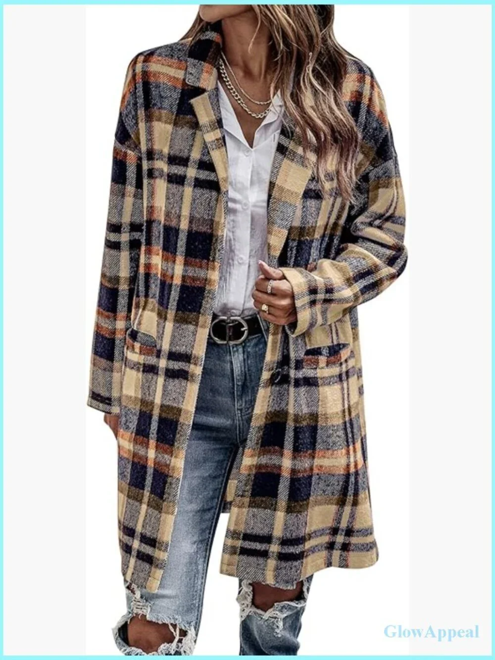 Large Wool Blend Plaid Trench Coat, Long Sleeve Button Jacket for Fall Winter