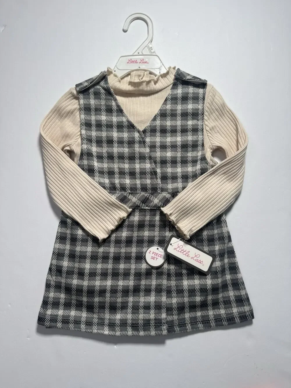 Little Lass 2 Piece Dress Bodysuit Set 24M Gray Plaid Long Sleeve NWT Toddler