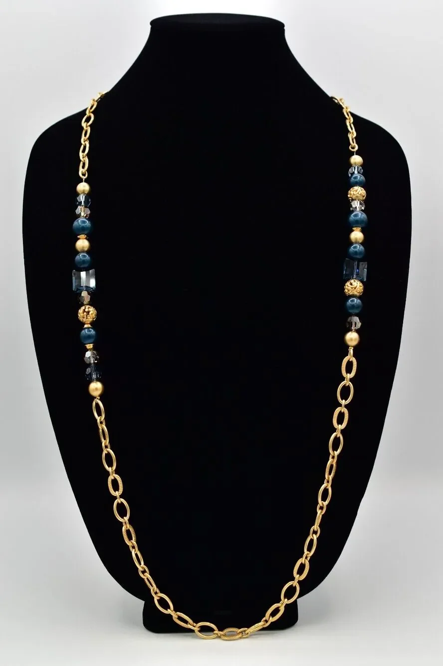 Brighton Chunky Station Necklace Brushed Gold Blue Crystal Contempo Belt BinBJ