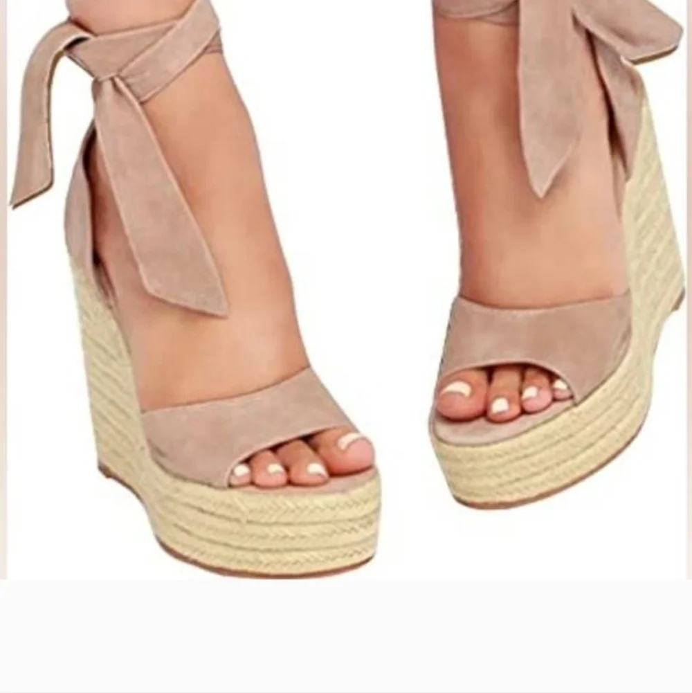 New‎ Blush Pink Espadrille Wedge Sandals Suede Ankle Tie Platforms Size 9.5