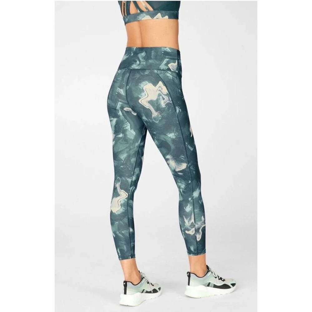 Fabletics PowerHold High Waisted Leggings Green Abstract Camo Compression Womens