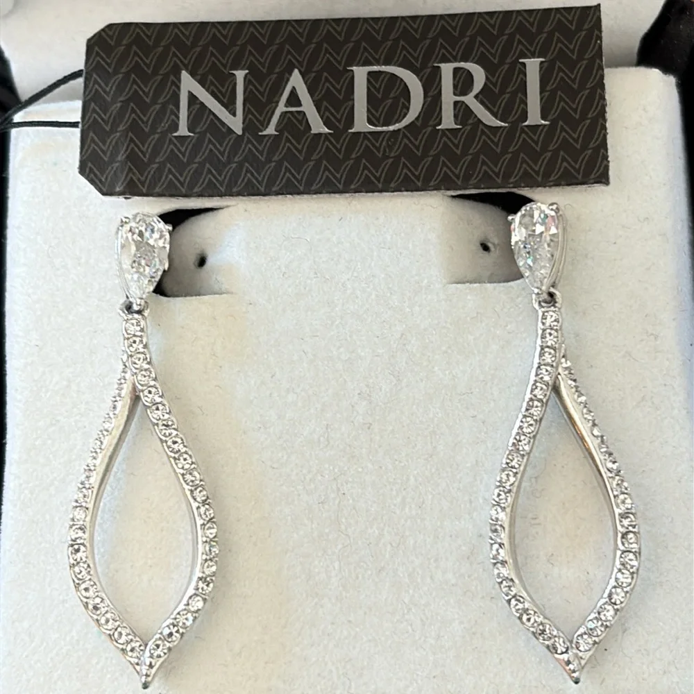 Nadri CZ Tear Drop and Pear Posted Crystal Silver-Tone Dangle Earrings