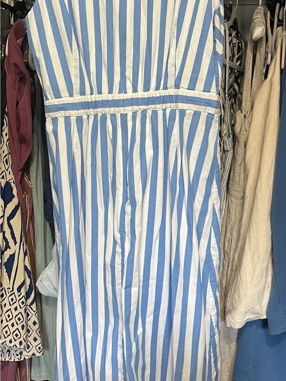 Light Blue and White Striped Sleeveless Faux Wrap Dress